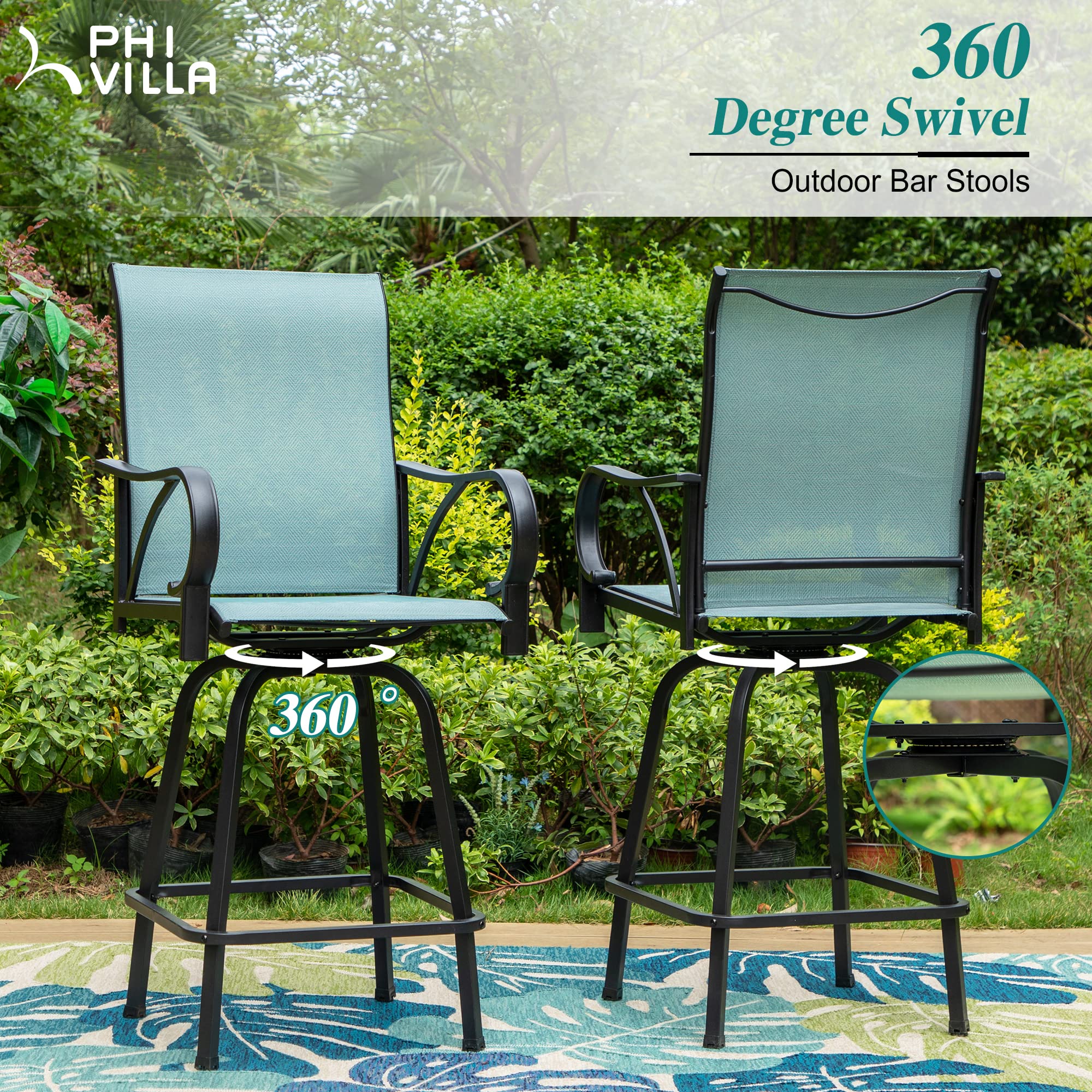 PHI VILLA Outdoor Patio Swivel Bar Set of 3, Jacquard Lake Blue Textilene Furniture Bistro Set with 2 Outdoor Bar Stools and Square Patio Bar Table for Garden Lawn Yard