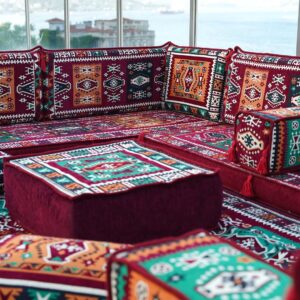 Premium U Shaped Arabic Sofa Set, Maroon Floor Cushions, Arabic Seating Floor Sofa, Backrests, Moroccan Sofas, Arabic Majlis (U Sofa Full Set)