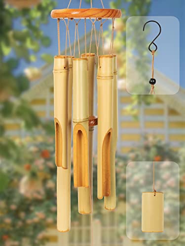 Wooden Wind Chimes Bamboo Windchimes Outside 30" Handcrafted Wood Wind Chime with Natural Relax Beautiful Sound and Amazing Deep Tone for Patio Garden Outdoor Home Decor(Yellow)