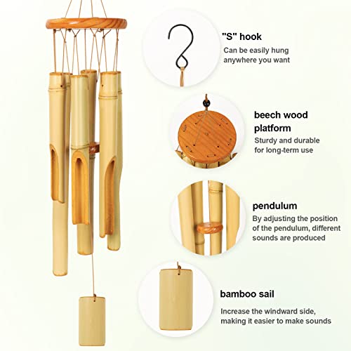 Wooden Wind Chimes Bamboo Windchimes Outside 30" Handcrafted Wood Wind Chime with Natural Relax Beautiful Sound and Amazing Deep Tone for Patio Garden Outdoor Home Decor(Yellow)