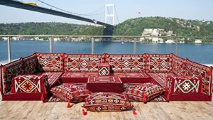 red color u shaped arabic sofa set, arabic majlis, turkish floor seating set, oriental floor couches, indoor floor sofas, floor cushions (u sofa full set)