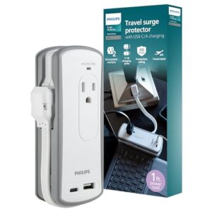 philips 2-outlet travel surge protector, 2 usb 1a/1c, 5v/3.4a, 300j, 1 ft, grey/white, spp2111wa/37