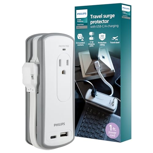 Philips 2-Outlet Travel Surge Protector, 2 USB 1A/1C, 5V/3.4A, 300J, 1 Ft, Grey/White, SPP2111WA/37