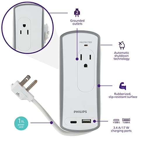 Philips 2-Outlet Travel Surge Protector, 2 USB 1A/1C, 5V/3.4A, 300J, 1 Ft, Grey/White, SPP2111WA/37