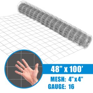 Fencer Wire 5 ft. x 100 ft. Galvanized Welded Wire Fence with 4" x 4" Square Opening, 16 Gauge Wire Mesh Fence Roll for Vegetables Garden Netting Chicken Coop Animal Enclosure