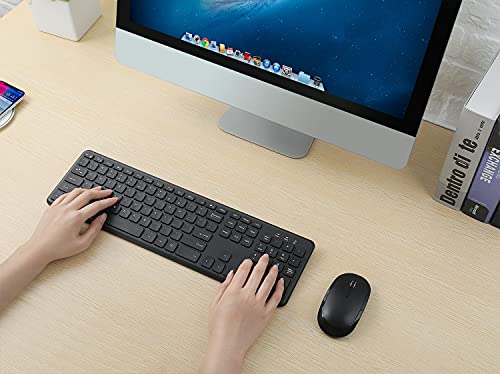 Wireless Keyboard Mouse Combo, Full-Sized 2.4GHz Ultra Thin Silent Cordless Keyboard Mouse Sets with Number Pad & 3 Adjustable DPI for Computer, Laptop, PC, Desktop, Notebook, Windows 7, 8, 10 (Black)