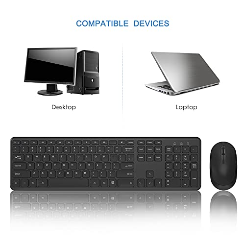 Wireless Keyboard Mouse Combo, Full-Sized 2.4GHz Ultra Thin Silent Cordless Keyboard Mouse Sets with Number Pad & 3 Adjustable DPI for Computer, Laptop, PC, Desktop, Notebook, Windows 7, 8, 10 (Black)