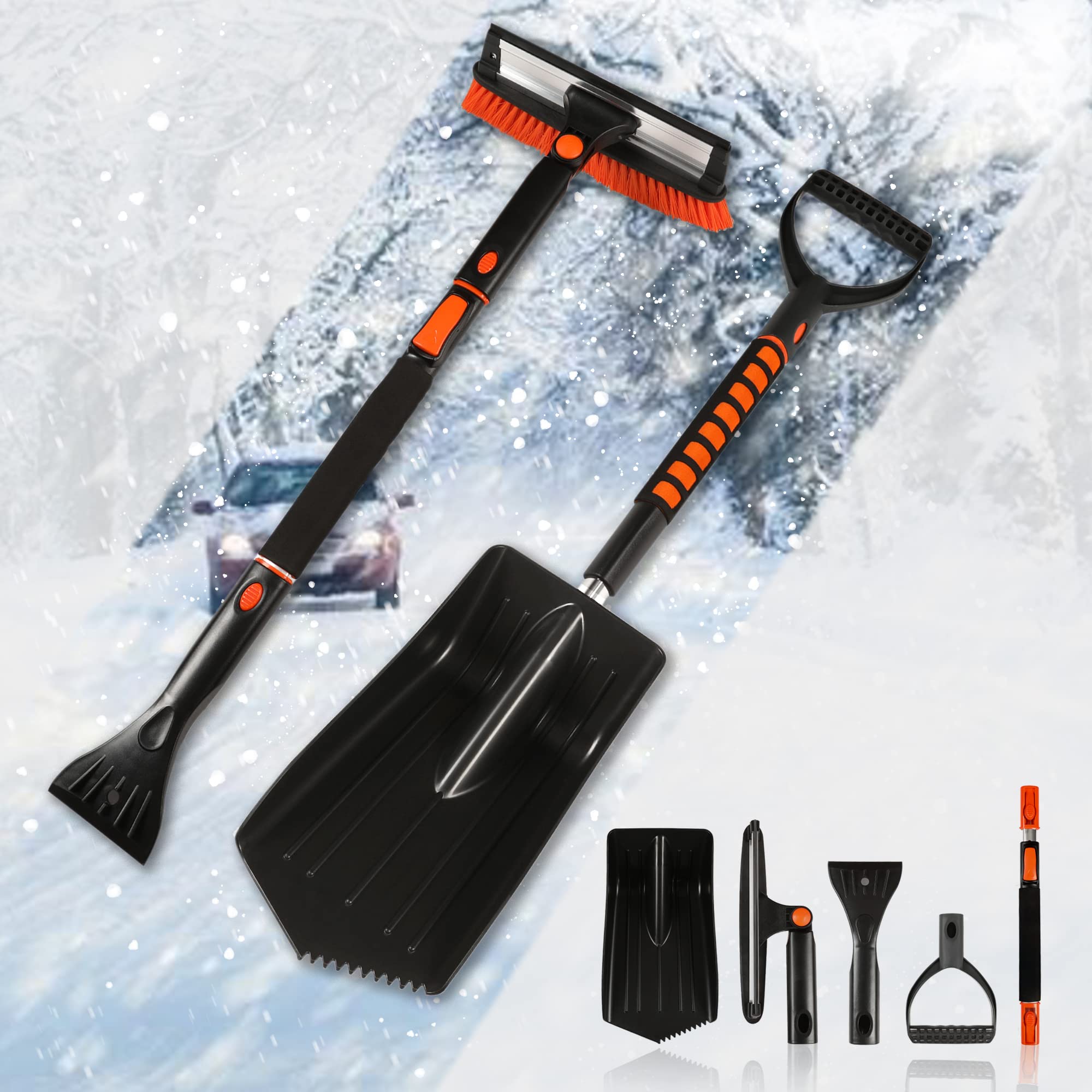 Tapha 36-Inch Squeegee Snow Brush Ice Scraper and Snow Shovel Kit for Car Snow Ice Removal, 3-in-1 Ergonomic Extendable and Detachable Snow Removal Winter Accessories Kit for SUV, Car, Truck