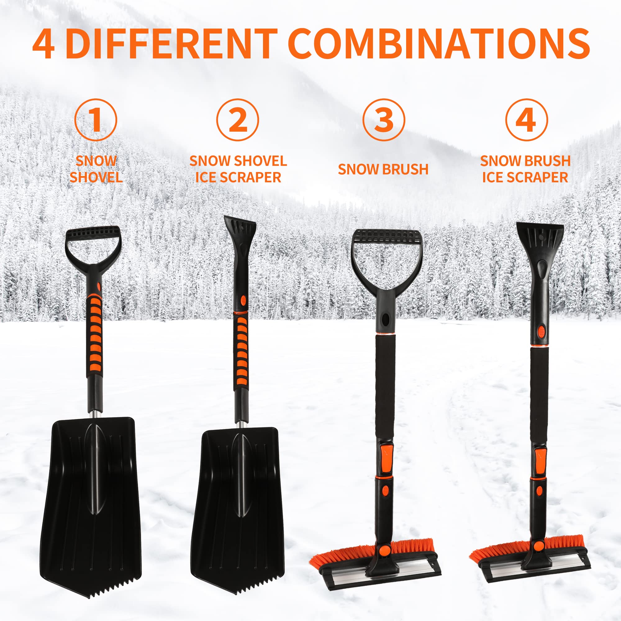 Tapha 36-Inch Squeegee Snow Brush Ice Scraper and Snow Shovel Kit for Car Snow Ice Removal, 3-in-1 Ergonomic Extendable and Detachable Snow Removal Winter Accessories Kit for SUV, Car, Truck