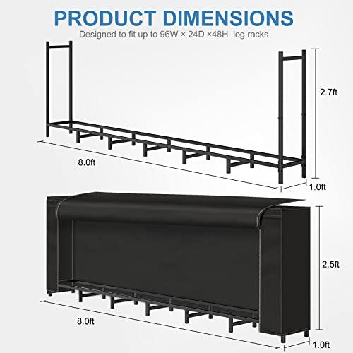 NANANARDOSO 8ft Firewood Rack with Cover, Heavy Duty Steel Construction, Weather Resistant, Adjustable Log Stacker Stand, Large Capacity, Waterproof for Wood Storage