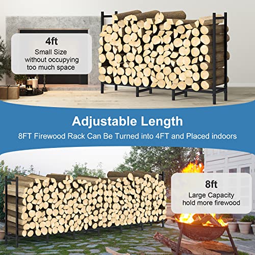 NANANARDOSO 8ft Firewood Rack with Cover, Heavy Duty Steel Construction, Weather Resistant, Adjustable Log Stacker Stand, Large Capacity, Waterproof for Wood Storage