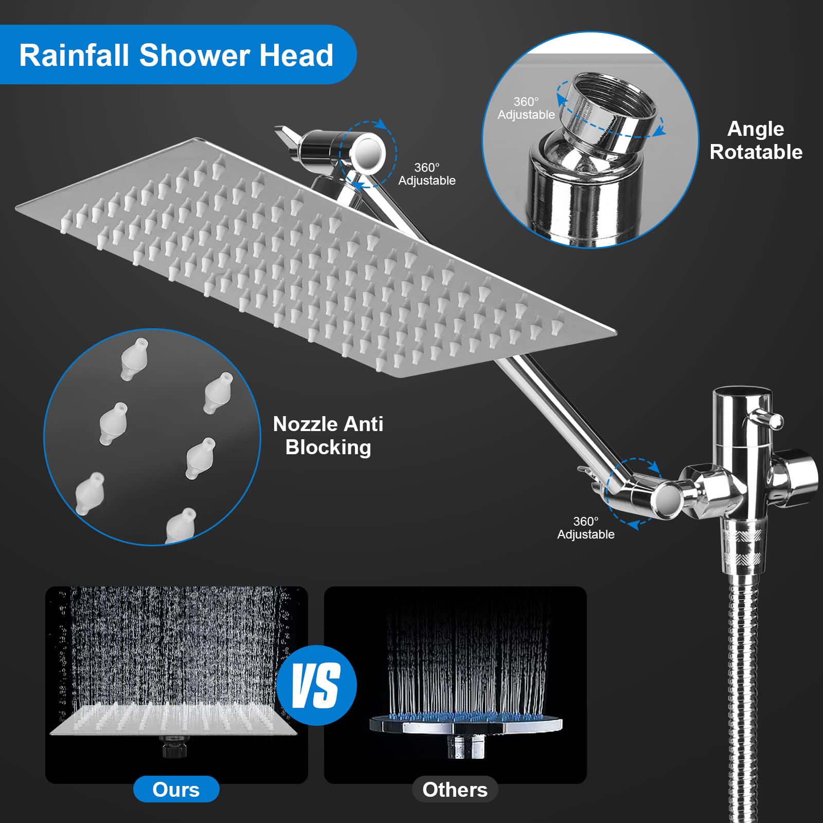 8 '' stainless steel high-pressure shower head, electroplating handheld five gear handheld shower head, 11 inch copper electroplating extended arm, copper electroplating three-way water separator