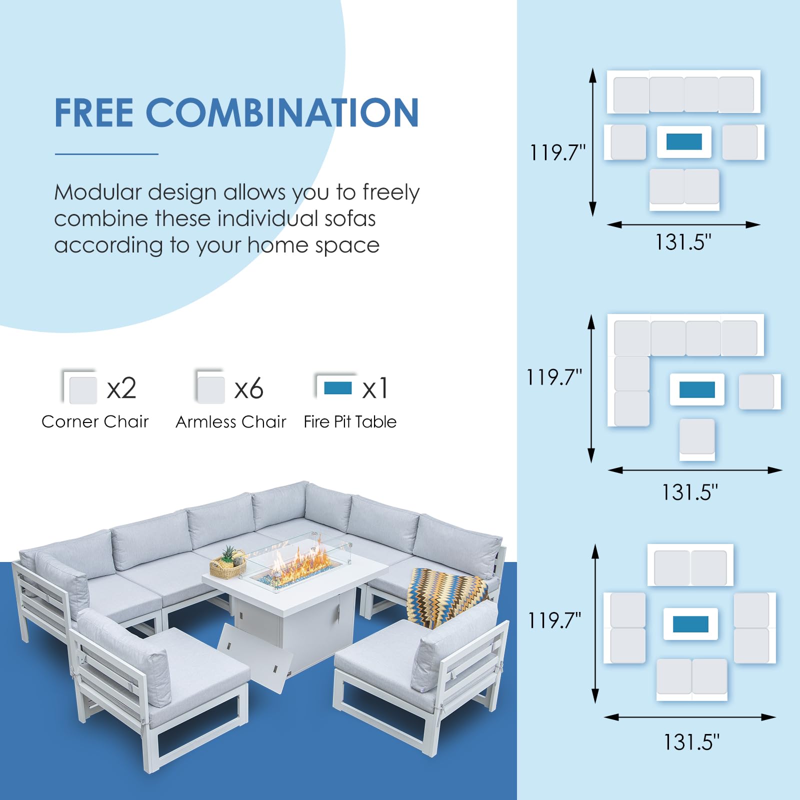 NICESOUL® 9 Pieces Aluminum Patio Furniture with Fire Pit Table Outdoor Conversation Set 43" Propane Gas Convertable Outdoor Modern Luxury Sectional Sofa Set White Color