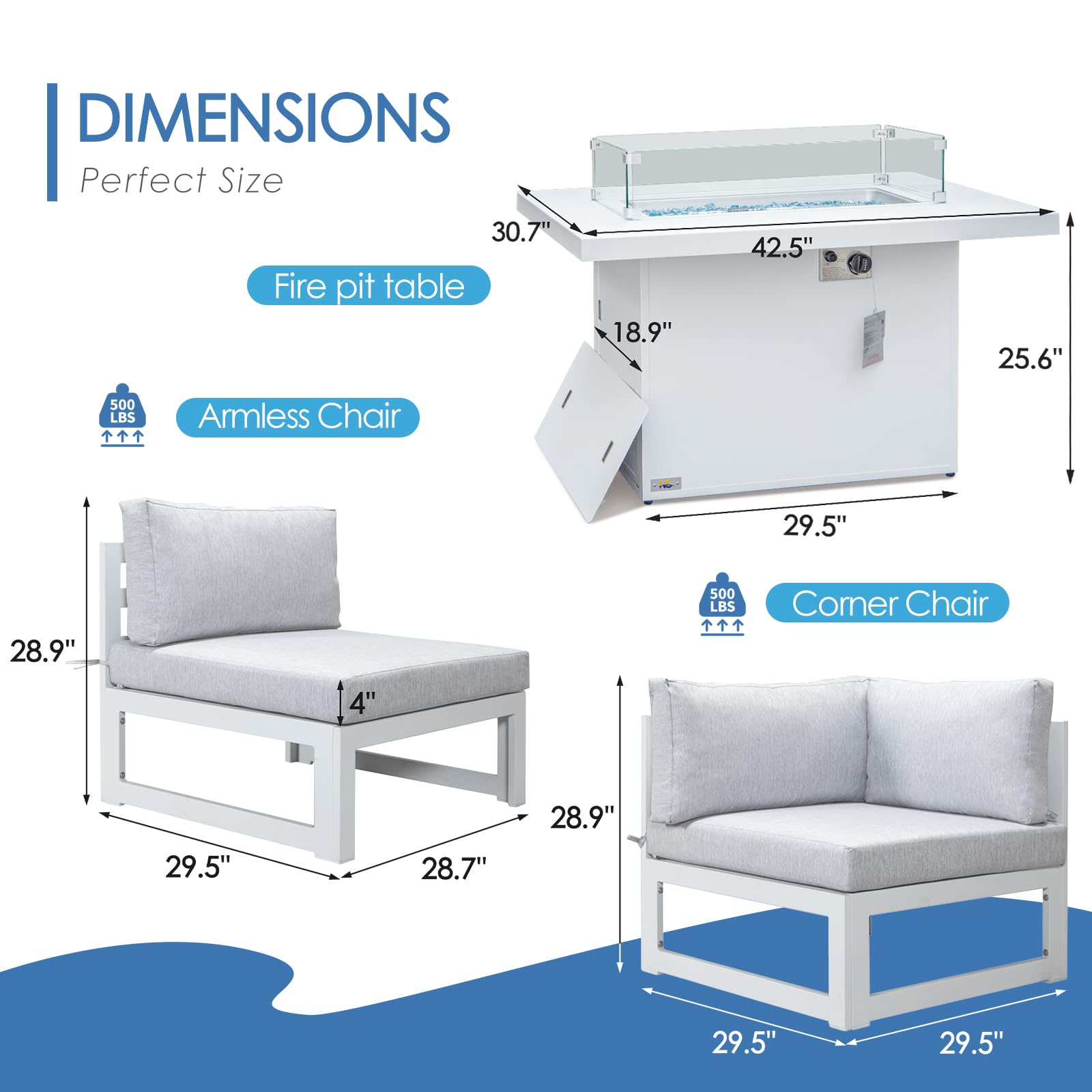 NICESOUL® 9 Pieces Aluminum Patio Furniture with Fire Pit Table Outdoor Conversation Set 43" Propane Gas Convertable Outdoor Modern Luxury Sectional Sofa Set White Color