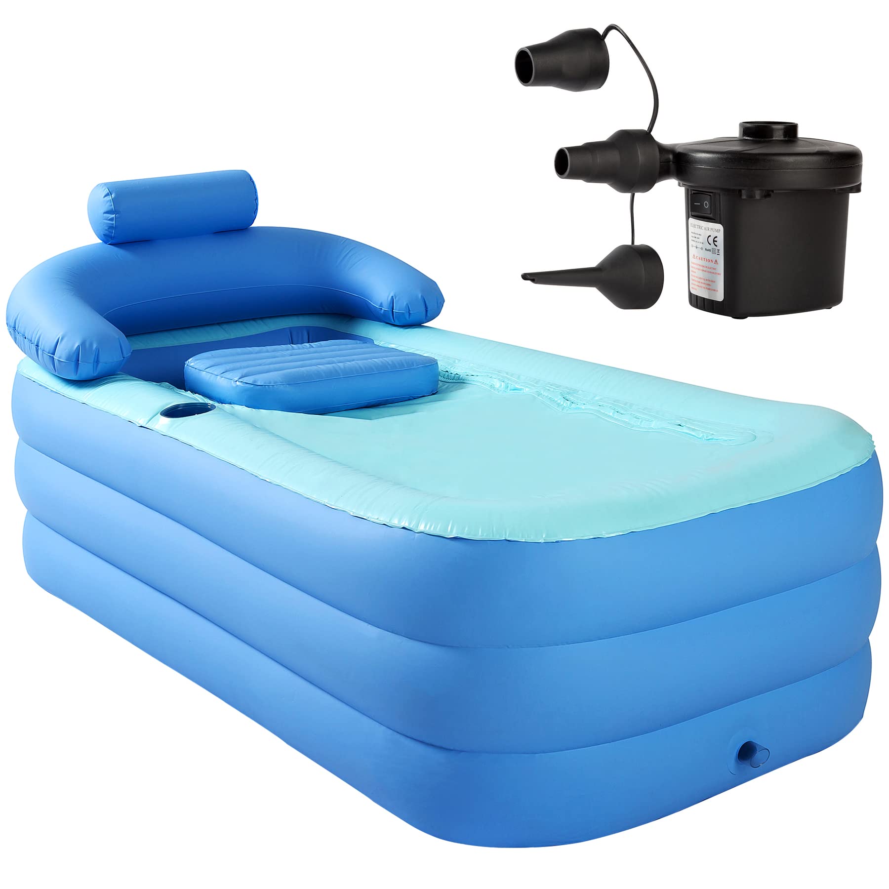 Inflatable Bathtub Adult with Electric Air Pump, Indoor or Outdoor Portable Foldable Bath Tub and Ice Bath Tub, Freestanding Blow Up Bathtub with Bath Pillow Headrest for Adults Spa, 63"x33" (Blue)