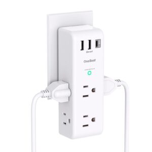 surge protector outlet extender - with rotating plug, 6 ac multi plug outlet with 3 usb ports (1 usb c), 1800 joules, 3-sided swivel power strip with spaced outlet splitter for home, office, travel