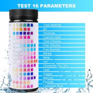 16 in 1 Drinking Water Test Strips, 100 PCS Water Test Kits for Drinking Water Tap Water Well Water, Test Total Chlorine, Bromine, Free Chlorine, PH, Iron, Fluoride, Copper, Mercury, and More