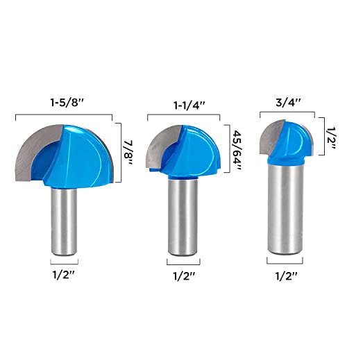 TOOLDO Router Bits ，3pcs Core Box Router Bit Set,Diameter 3/4", 1-1/4", 1-5/8" Round Nose Bit Set,1/2" Shank Router Bit Set，for DIY, Woodworking Project