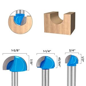 TOOLDO Router Bits ，3pcs Core Box Router Bit Set,Diameter 3/4", 1-1/4", 1-5/8" Round Nose Bit Set,1/2" Shank Router Bit Set，for DIY, Woodworking Project