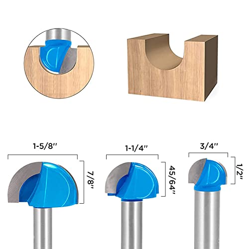 TOOLDO Router Bits ，3pcs Core Box Router Bit Set,Diameter 3/4", 1-1/4", 1-5/8" Round Nose Bit Set,1/2" Shank Router Bit Set，for DIY, Woodworking Project