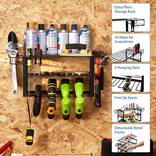 Bodato Power Tool Organizer, 3 Layers Wall Metal Floating Tool Shelf Garage Storage Drill Holder and Tool Holder, Heavy-Duty Utility Rack for Cordless Drill & Screwdriver Gift for Father, Husband