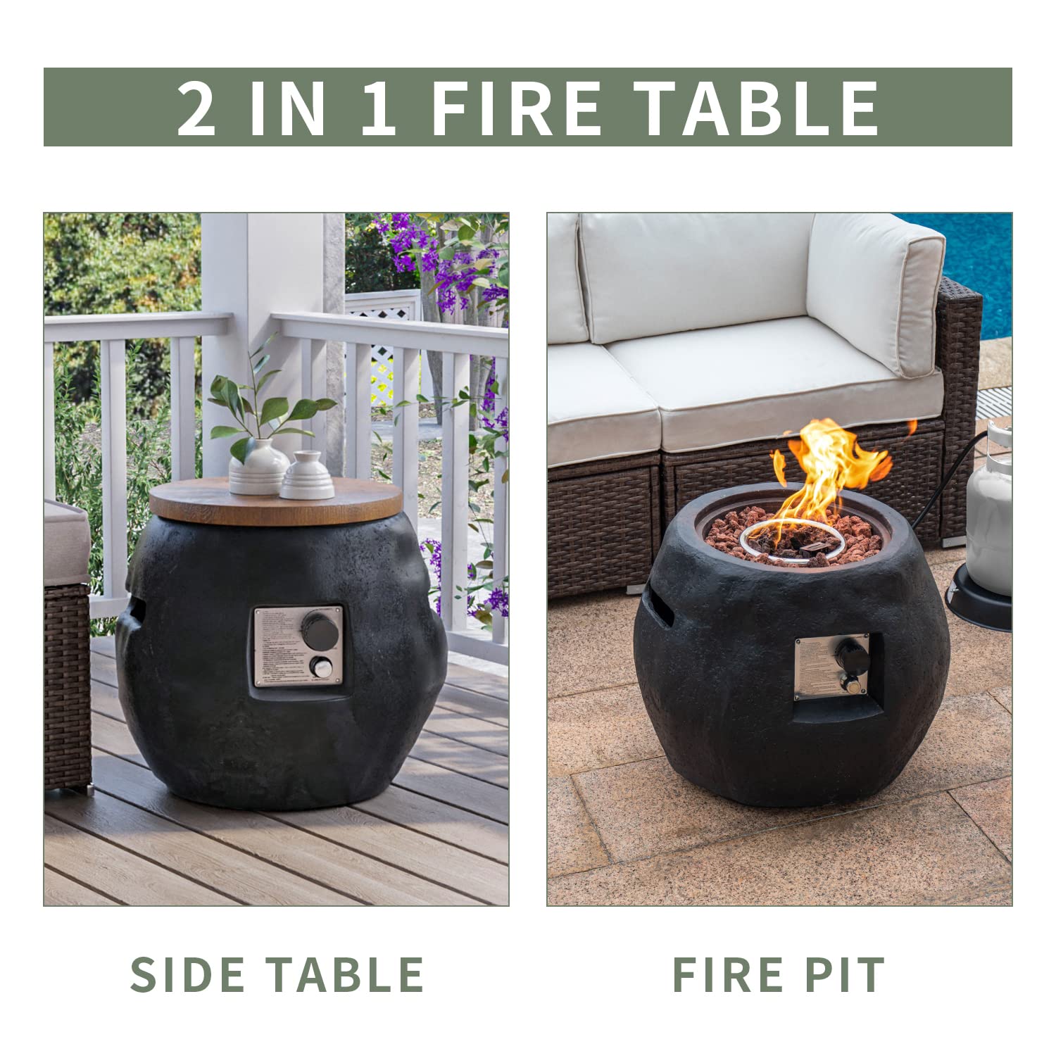 COSIEST Outdoor Propane Fire Pit w 23" Faux-Stone Base, Jar Shaped Fire Table w 40,000 BTU Stainless Steel Burner, Free Lava Rocks, Faux-Wood lid, Waterproof Cover for Coffee Table, Stool (Black)