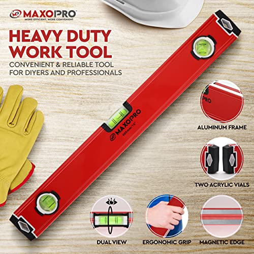 16-Inch Torpedo level Magnetic – Heavy-Duty Box Leveler Tool with 3 Vials 45°,90°,180° - Aluminum Alloy Magnetic Level Tool – Lightweight and Sturdy Plumbing Level for Professionals – By MaxoPro