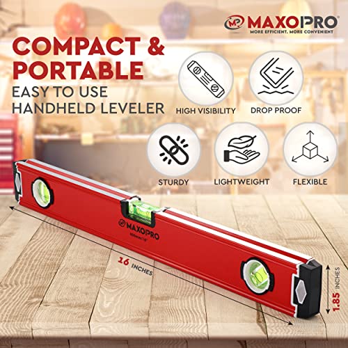 16-Inch Torpedo level Magnetic – Heavy-Duty Box Leveler Tool with 3 Vials 45°,90°,180° - Aluminum Alloy Magnetic Level Tool – Lightweight and Sturdy Plumbing Level for Professionals – By MaxoPro