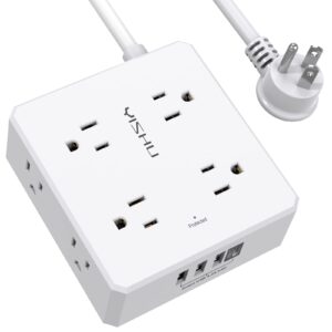 10 ft surge protector power strip - 8 widely outlets with 4 usb ports, 3 side outlet extender with 10 feet extension cord, flat plug, wall mount, desk usb charging station, etl,white