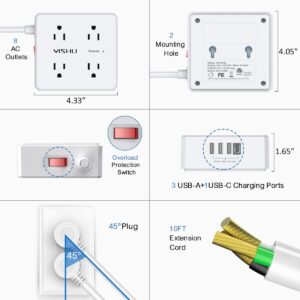 10 Ft Surge Protector Power Strip - 8 Widely Outlets with 4 USB Ports, 3 Side Outlet Extender with 10 Feet Extension Cord, Flat Plug, Wall Mount, Desk USB Charging Station, ETL,White