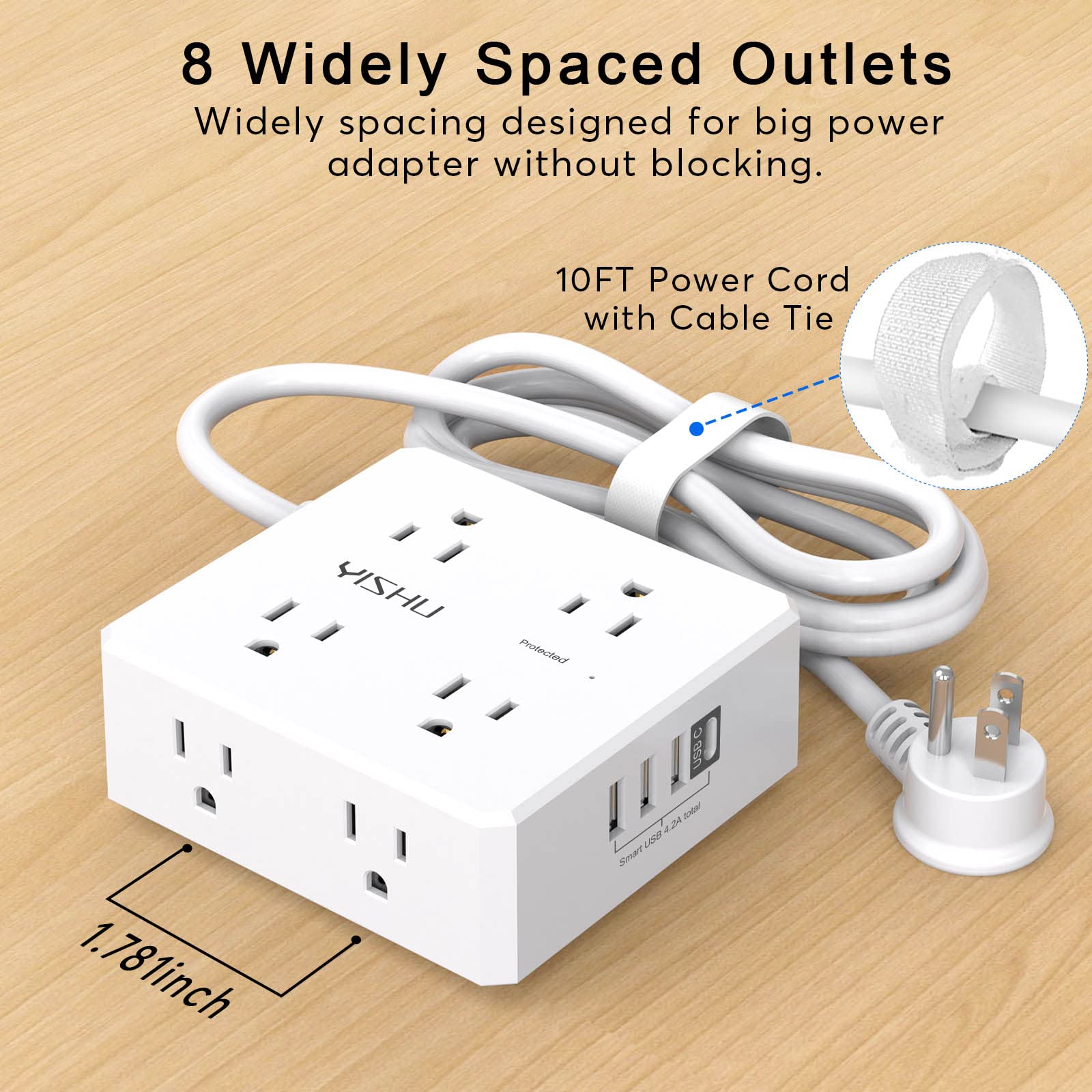 10 Ft Surge Protector Power Strip - 8 Widely Outlets with 4 USB Ports, 3 Side Outlet Extender with 10 Feet Extension Cord, Flat Plug, Wall Mount, Desk USB Charging Station, ETL,White