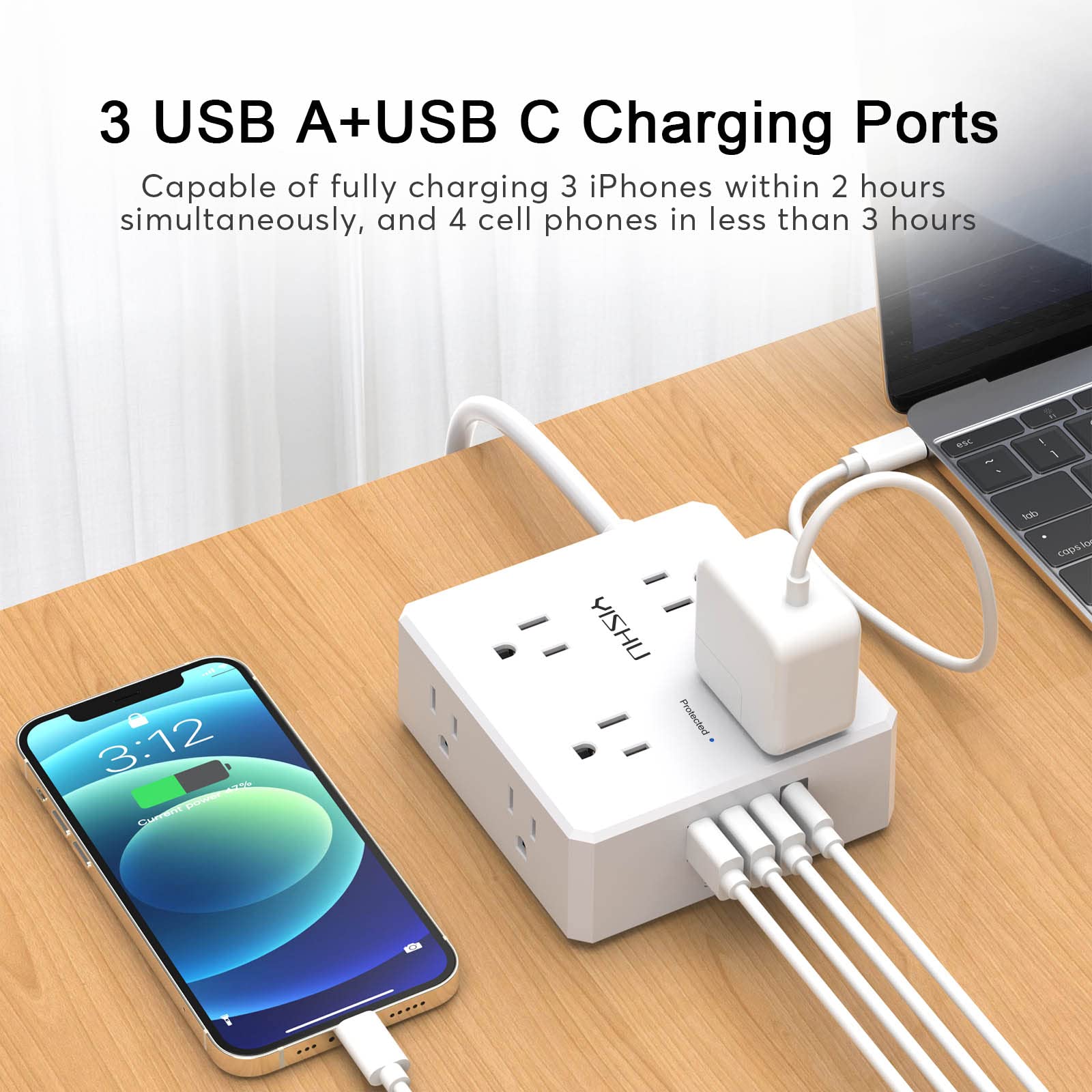 10 Ft Surge Protector Power Strip - 8 Widely Outlets with 4 USB Ports, 3 Side Outlet Extender with 10 Feet Extension Cord, Flat Plug, Wall Mount, Desk USB Charging Station, ETL,White