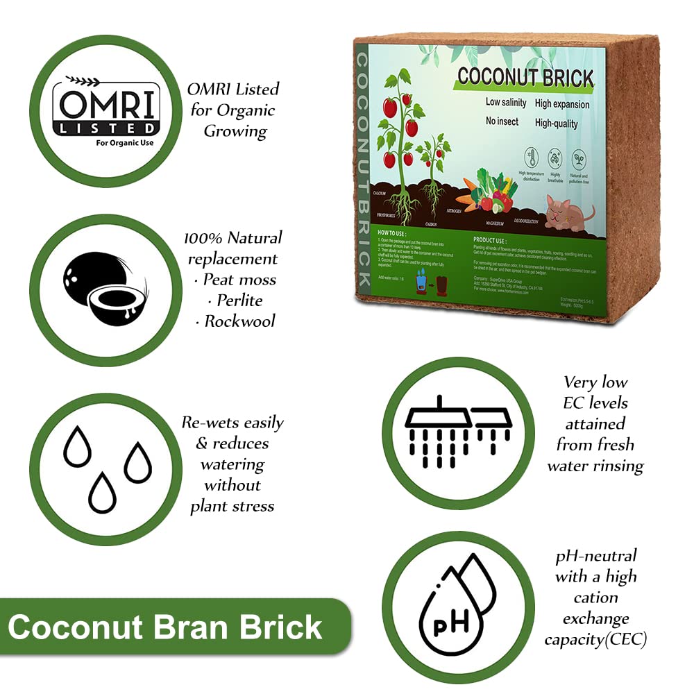 Hodiax Premium Coco Coir Brick, 11Lbs High Nutrinent Compressed Coconut Soil, OMRI 100% Organic Low EC & PH Balanced Potting Soil for All Plants Gardening, Hydroponics and Reptile Substrate (5KG)