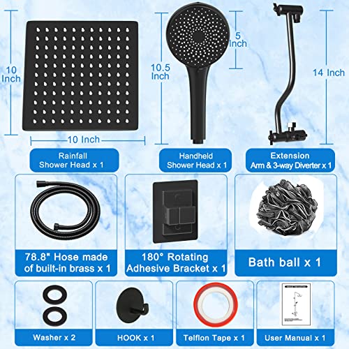 10" Rainfall Shower Head with Handheld Combo, Upgraded 12" L-Shaped Adjustable Extension Arm & 3-Way Diverter, Shower Head Jet Mode Headheld Shower with 5-Spray Mode