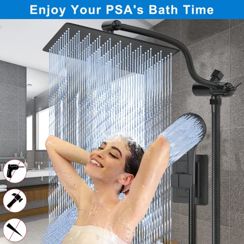 10" Rainfall Shower Head with Handheld Combo, Upgraded 12" L-Shaped Adjustable Extension Arm & 3-Way Diverter, Shower Head Jet Mode Headheld Shower with 5-Spray Mode