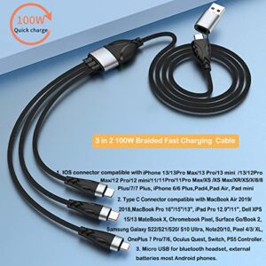 HORNORM 100W USB C to Multi Charging Cable, 3 in 1 Charging Cable Multi USB Nylon Braided 6A PD Charger Cord with IP/Type-C/Micro Connectors for Laptop/Cell Phone/Tablets/Phone