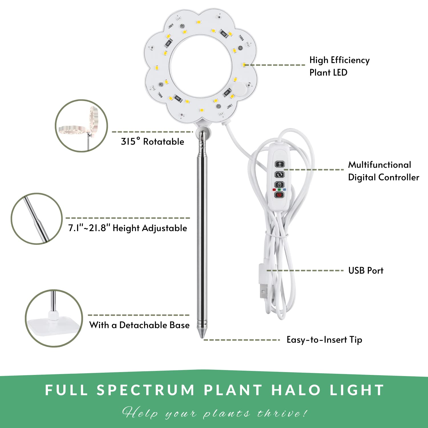 UEHICT Plant Grow Lights for Indoor Plants - Full Spectrum Mini Plant Grow Lamps with Stand, High-Efficiency LEDs, Height Adjustable, Auto Timer, Table Top UV Plant Light for Indoor Growing, Seedlings