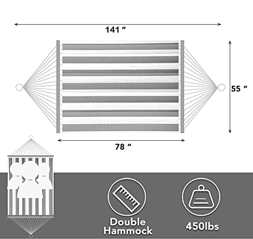 HARBOURSIDE 12FT Quilted Hammock with Spreader Bar, 2 Person Double Hammock with Pillow and Chains, Hammock for Indoor Outdoor, Bedroom Patio, 450 lbs Capacity，Black Stripe