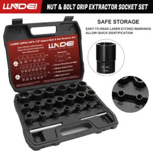 LLNDEI Upgrade Lug Nut Remover Bolt Extractor Set ½ in. and ⅜ in. Drive, Impact Bolt Nut Remover Socket Tool, Chrome-Molybdenum Steel, 1/2"&3/8" Dr. Twist Socket Set with Black Case (22PCS)