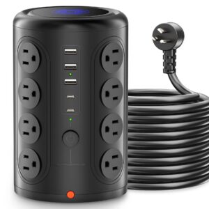power strip tower with 16 outlets and 5 usb ports (2 usb-c), tentrend 1875w 1500j surge protector with 6 ft extention cord, multi outlet tower for home office desk, dorm room essentials black