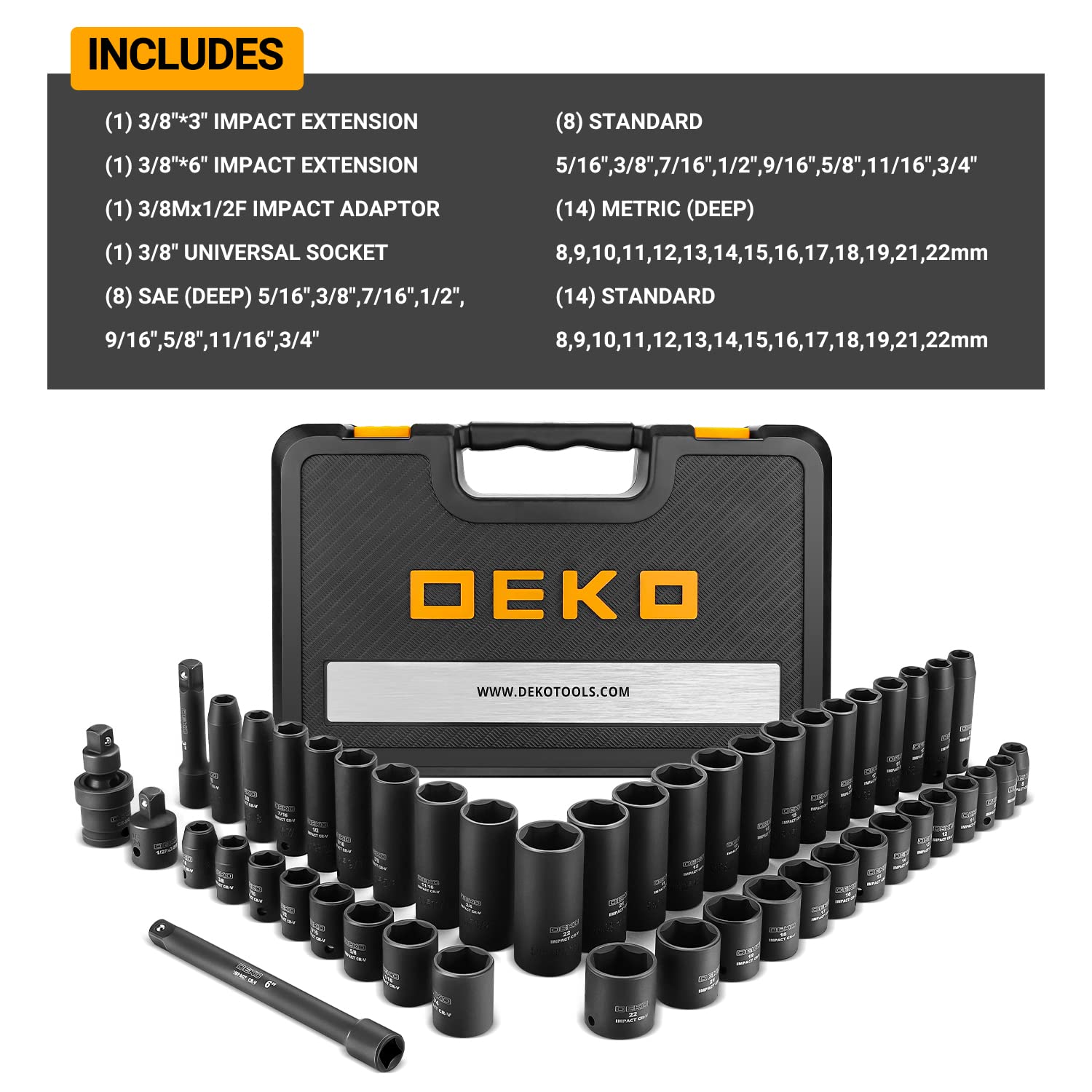 DEKOPRO 48 Piece 3/8-inch Drive 6 Point Impact Socket Set, Standard and Deep, Metric and SAE, CR-V Steel with Extension Bar and Universal Joints