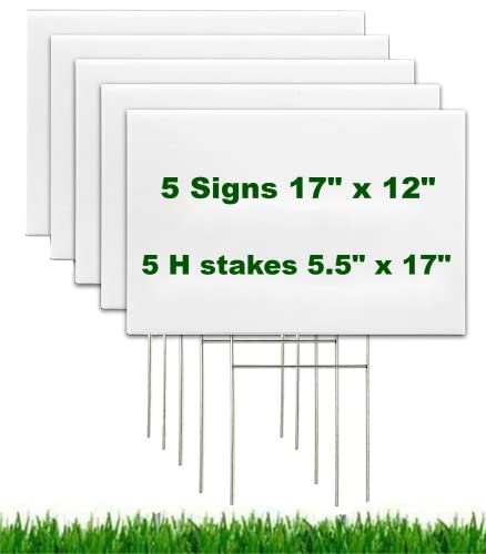 Blank Yard Signs with Stakes 17",White Corrugated Plastic Lawn Sign Double Sided for Garage Sale,Estate,Rent,Security,Address,Poster Board 17 x 12 In,DIY Custom House Outdoor Sign,5 Packs