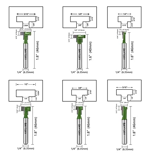 BAYTORY 6Pcs Keyhole Router Bits Set, 1/4" Shank Router Keyhole Bit Set -1/4 & 5/16 & 3/8 & 9/16 & 1/2 & 5/8 inch Blade Diameter for Wood Hex Bolt T-Track Slotting Milling Cutters Set (Green)