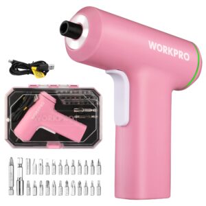 workpro electric cordless screwdriver set, 4v usb rechargeable lithium-ion battery power screwdriver kit with led light, screw gun with 28pcs accessories for home, office, apartment repair - pink