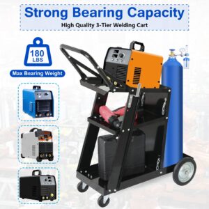 Henf 3 Tiers Rolling Welding Cart MIG TIG ARC Plasma Cutter Machine Heavy Duty Welding Welder Cart with Tank Storage & 2 Cable Hooks & Safety Chain,180 Lb Capacity