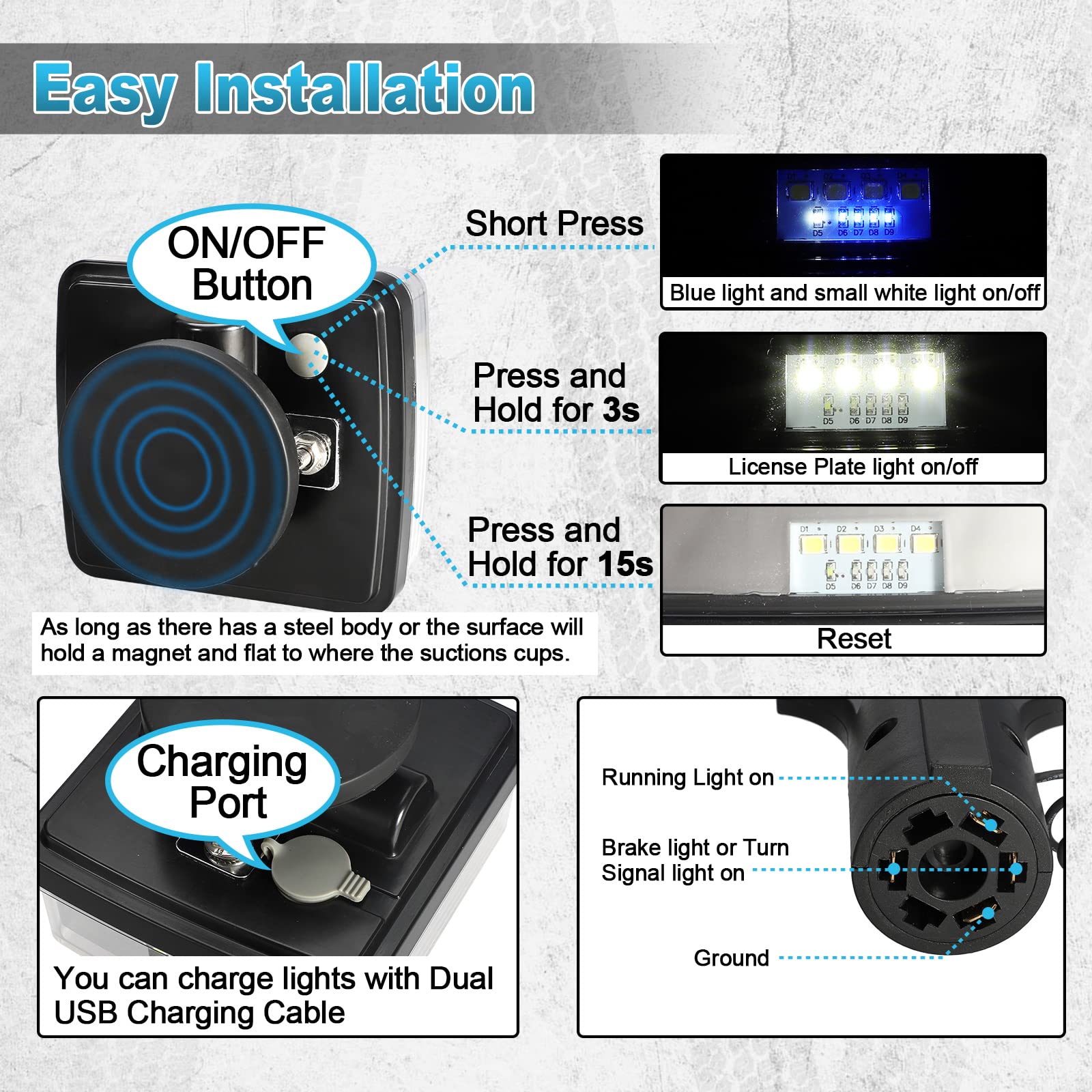 Partsam LED Magnetic Towing Tail Light 58LED Wireless LED Towing Trailer Light Kit Universal Stop Turn Running Light with License Plate Light Dual USB Cable Charges for Trucks Trailers IP67 10-30V