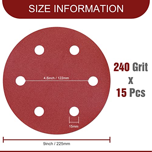 Awutzut 9 Inch 6 Hole Sanding Discs 240 Grit Hook and Loop for Drywall Sander 15PCS