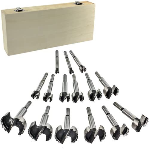 15PCS Forstner Drill Bit Set with Wooden Storage Case, 10-50mm 2/5-2in Round Shank Woodworking Hole Saw Drilling Cutting Tool Kits 