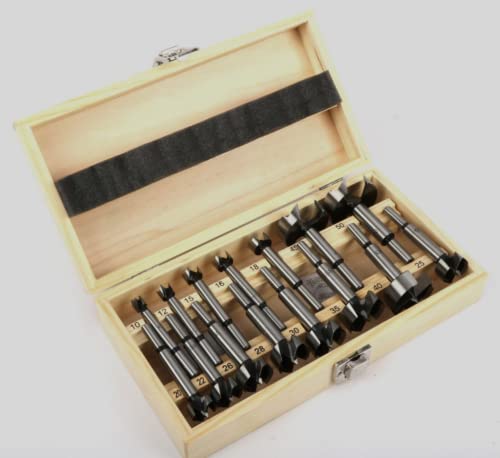 15PCS Forstner Drill Bit Set with Wooden Storage Case, 10-50mm 2/5-2in Round Shank Woodworking Hole Saw Drilling Cutting Tool Kits 