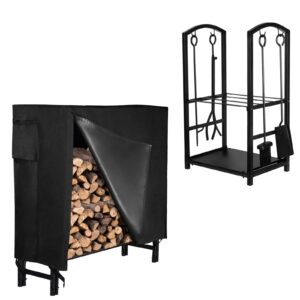 gaspro firewood rack indoor and 4ft firewood rack outdoor with cover, 5 pcs wrought iron fireplace tools and log holder for fireplace, wood stove, hearth, fire pit, sturdy and easy to assemble